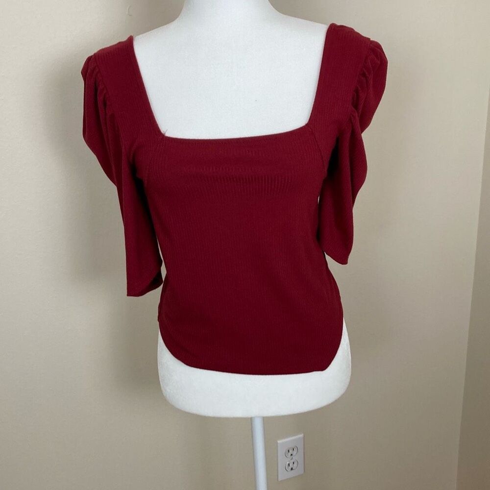 Free People We The Free Burgundy Ribbed Square Neck Puff Sleeve Top Size Large